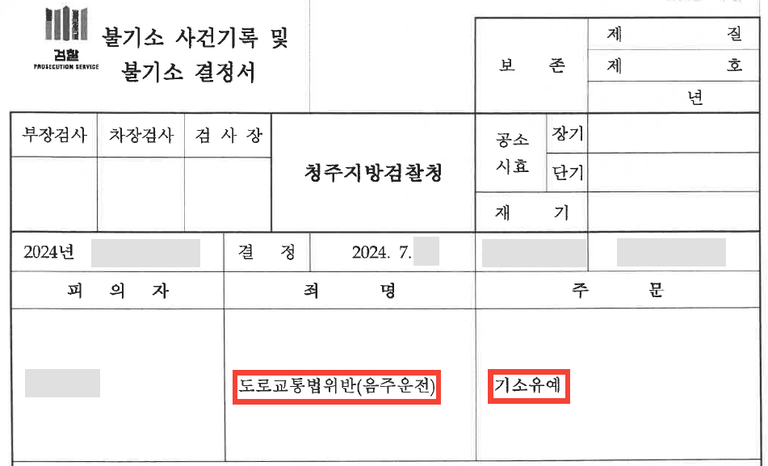 혈중알코올농도 0.032% 음주운전 입건, 기소유예